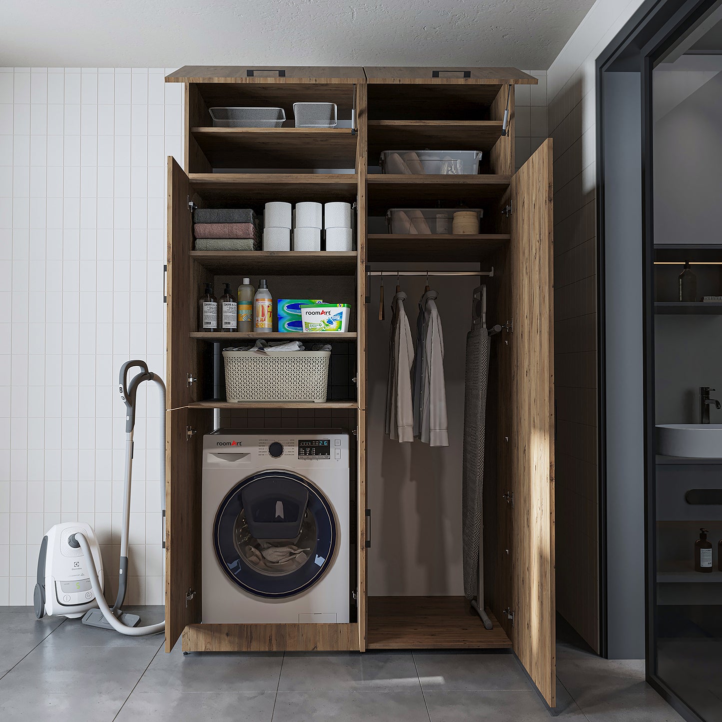 Roomart Waschmaschinenschrank „DORA 130 cm Breit“ für Waschmaschine & Trockner mit Regalböden, in 5 Farben • Weiß • Weiß Eiche • Anthrazit Eiche • Eiche • Schwarz Eiche (Kopie)