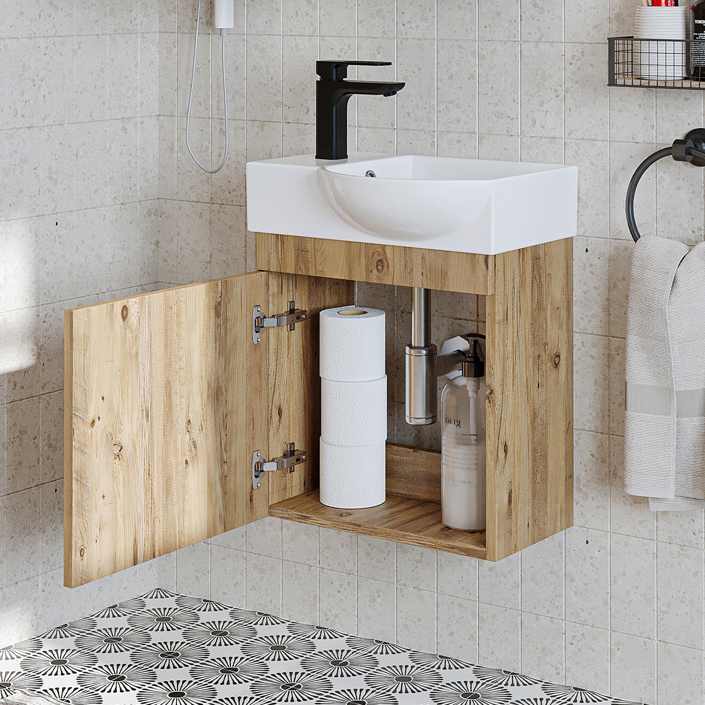 Roomart Waschtischunterschrank PUNTO mit Keramik-Waschbecken – Gäste-WC Badmöbel – Wasserhahn links
