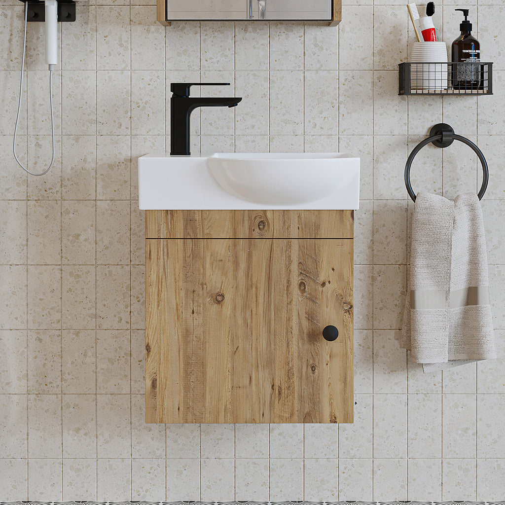 Roomart Waschtischunterschrank PUNTO mit Keramik-Waschbecken – Gäste-WC Badmöbel – Wasserhahn links