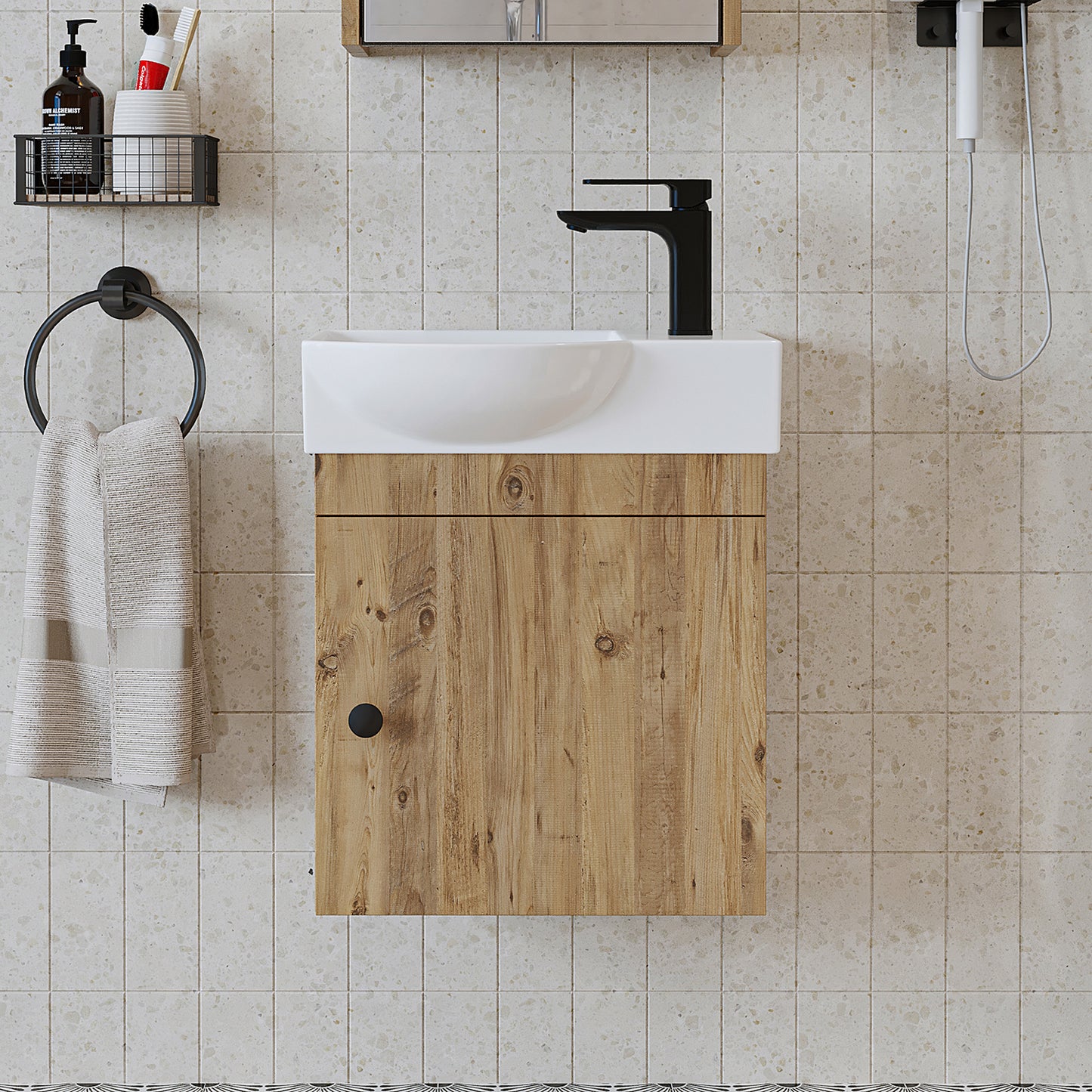 Roomart Waschtischunterschrank PUNTO mit Keramik-Waschbecken – Gäste-WC Badmöbel – Wasserhahn rechts