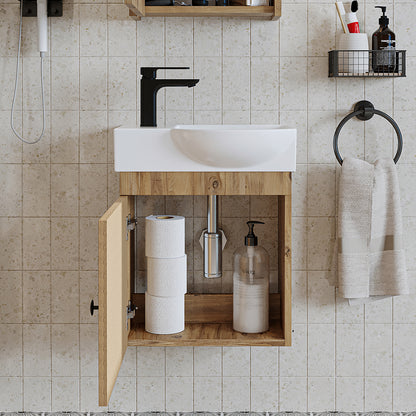 Roomart Waschtischunterschrank PUNTO mit Keramik-Waschbecken – Gäste-WC Badmöbel – Wasserhahn links