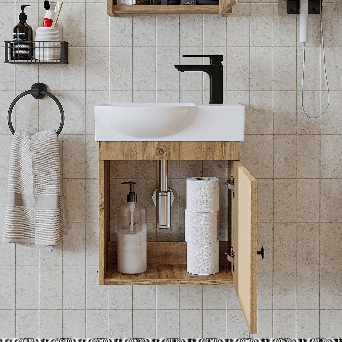 Roomart Waschtischunterschrank PUNTO mit Keramik-Waschbecken – Gäste-WC Badmöbel – Wasserhahn rechts