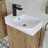 Roomart Waschtischunterschrank PUNTO mit Keramik-Waschbecken – Gäste-WC Badmöbel – Wasserhahn links