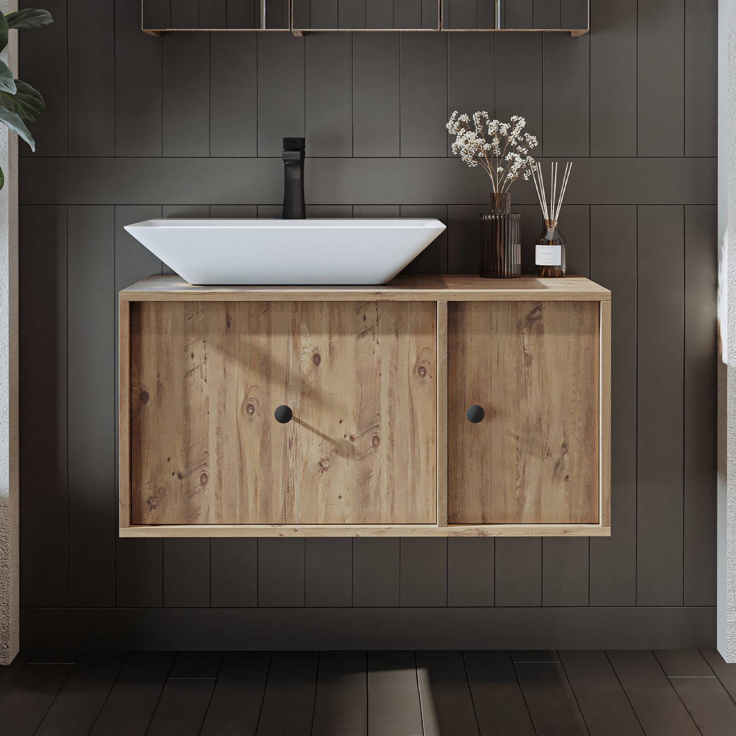 Roomart Badezimmermöbel GUSTO-ATL 90 cm – Keramik Waschbecken &/oder Unterschrank – Modernes Design – Varianten wählbar – Eiche oder Weiß