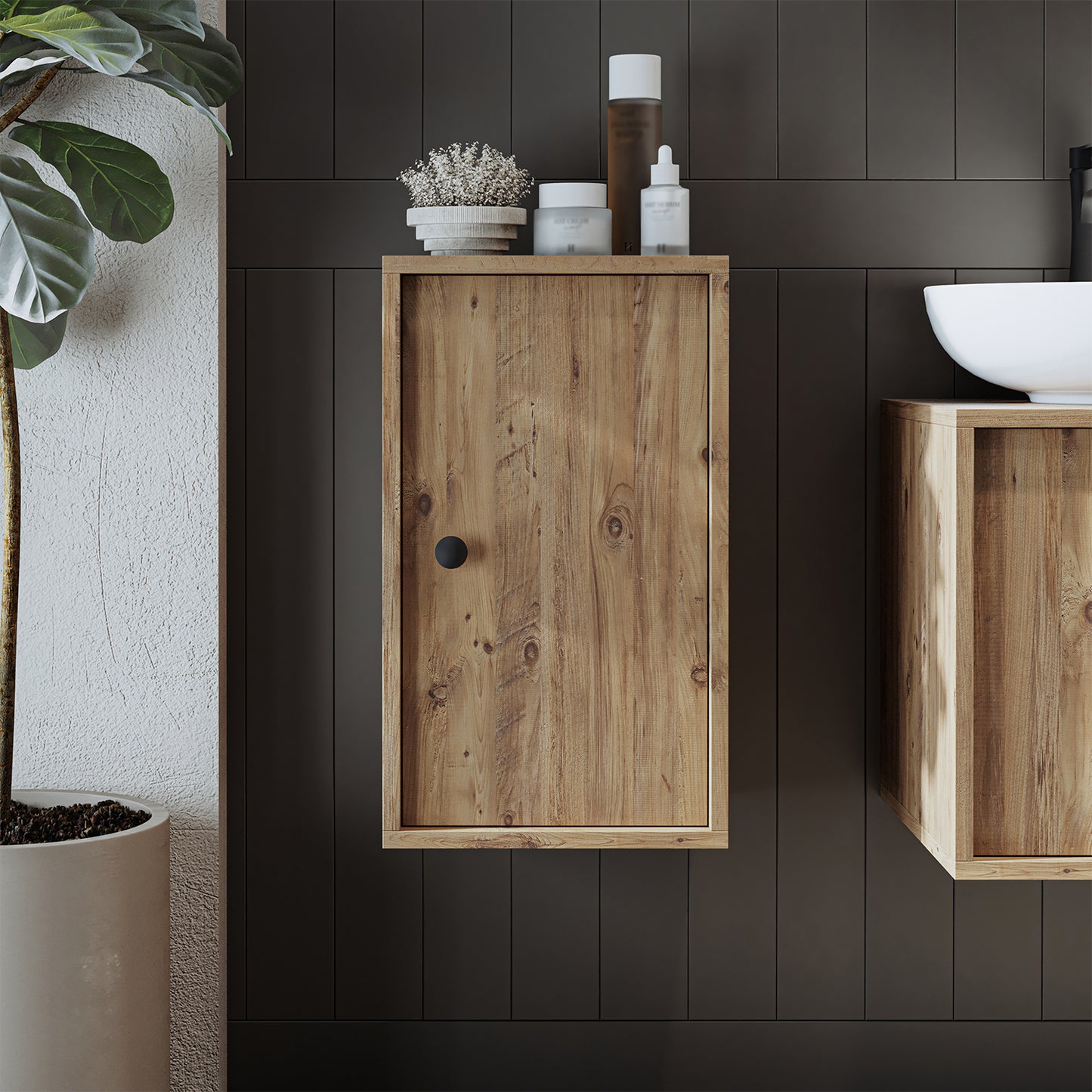 Roomart Badezimmermöbel Set GUSTO-ATL 90 cm – 4-teiliges Badmöbel-Set mit Keramik-Waschbecken, Spiegelschrank & Hochschrank – Moderne Badmöbel für Badezimmer & Gäste-WC