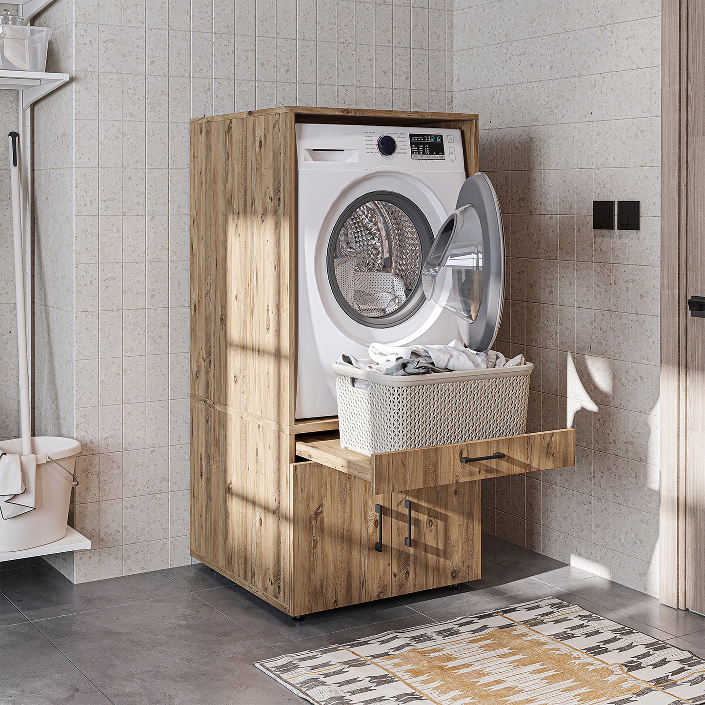 Roomart A3 Waschmaschinenschrank 67 cm – Erhöhung mit Schublade, Ausziehbrett & Stauraum | 3 Farben