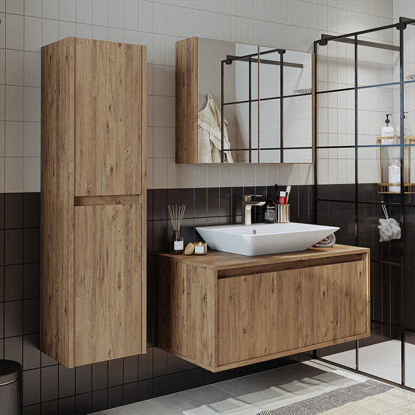 Roomart Badmöbel Set ATLANTIC 4-teilig – 100 cm Waschbeckenunterschrank mit Keramikwaschbecken, Spiegelschrank & Hochschrank – in 5 Farben