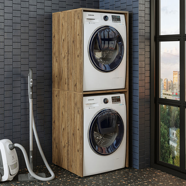 Roomart Waschmaschinenschrank SERIE DUO-II- Überbauschrank für Waschmaschine & Trockner – Platzsparender Waschturm-Schrank – Weiß / Eiche