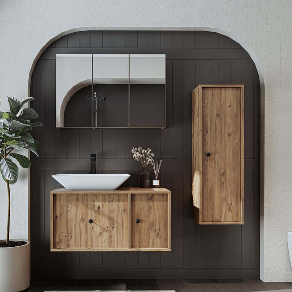 Roomart Badezimmermöbel Set GUSTO-ATL 90 cm – 4-teiliges Badmöbel-Set mit Keramik-Waschbecken, Spiegelschrank & Hochschrank – Moderne Badmöbel für Badezimmer & Gäste-WC