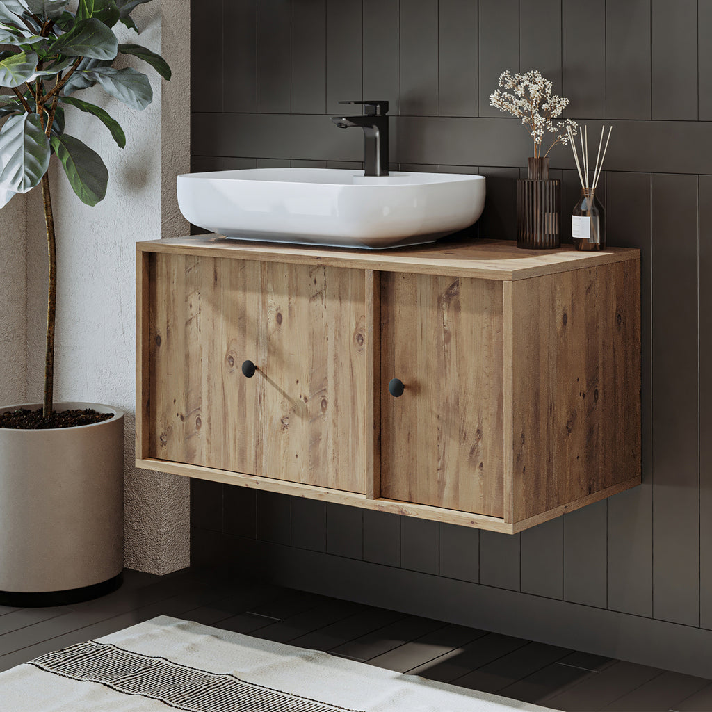 Roomart Badezimmermöbel GUSTO 90 cm – Keramik Waschbecken &/oder Unterschrank – Modernes Design – Varianten wählbar – Eiche oder Weiß - badezimmerschrank, waschbecken, badezimmermöbel, badschrank, badezimmer, mit, unterschrank, badmöbel, set, waschtisch, 