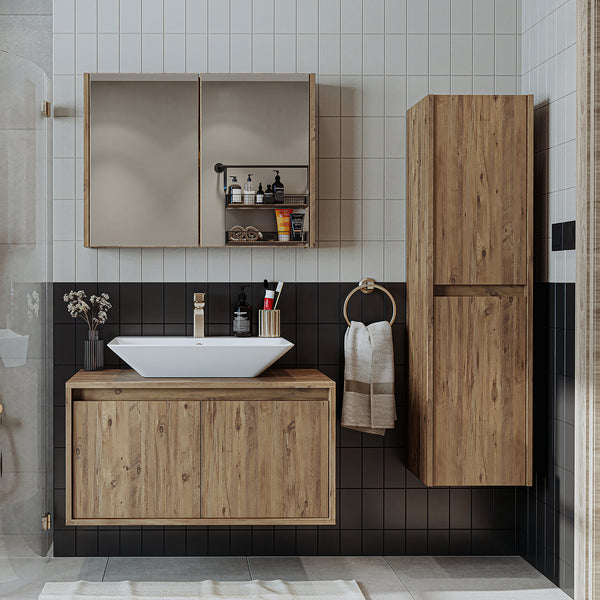 Roomart Badmöbel Set ATLANTIC 4-teilig – 85 cm Waschbeckenunterschrank mit Keramikwaschbecken, Spiegelschrank & Hochschrank, in 5 Farben