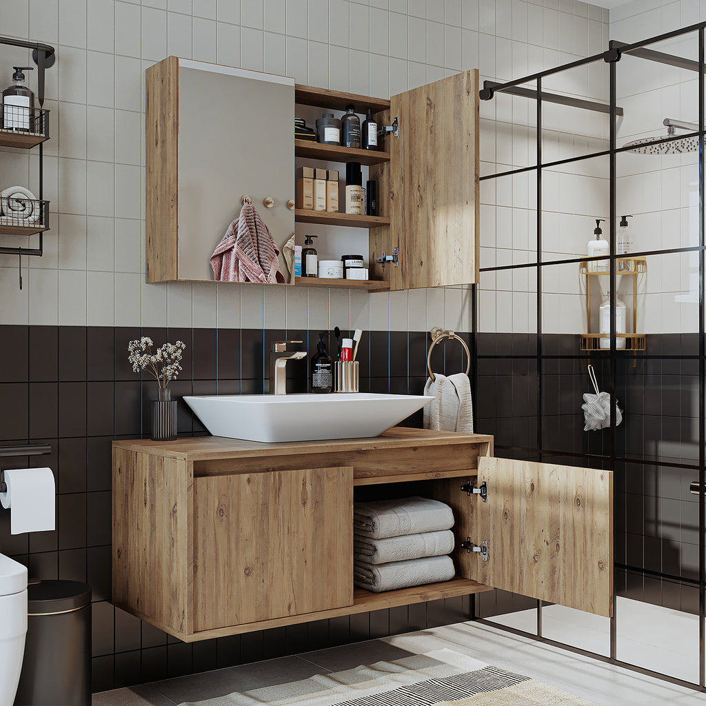 Roomart • Badmöbel Set • ATLANTIC • 3 Teilig • 100 cm Unterschrank mit Keramikwaschbecken • 80 cm Spiegelschrank- badezimmerschrank, waschbecken, badezimmermöbel, badschrank, badezimmer, mit, unterschrank, badmöbel, set, waschtisch, möbel, badezimmermãbel