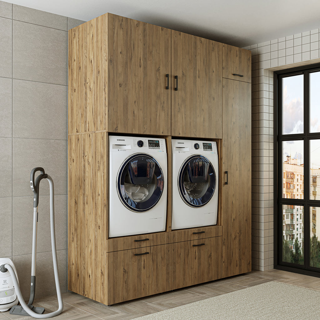 Roomart Waschmaschinenschrank Doppelschrank – SERIE 2 – Überbauschrank für Waschküche & Hauswirtschaftsraum – mit Ausziehbrett & Schubladen – in 3 Farben