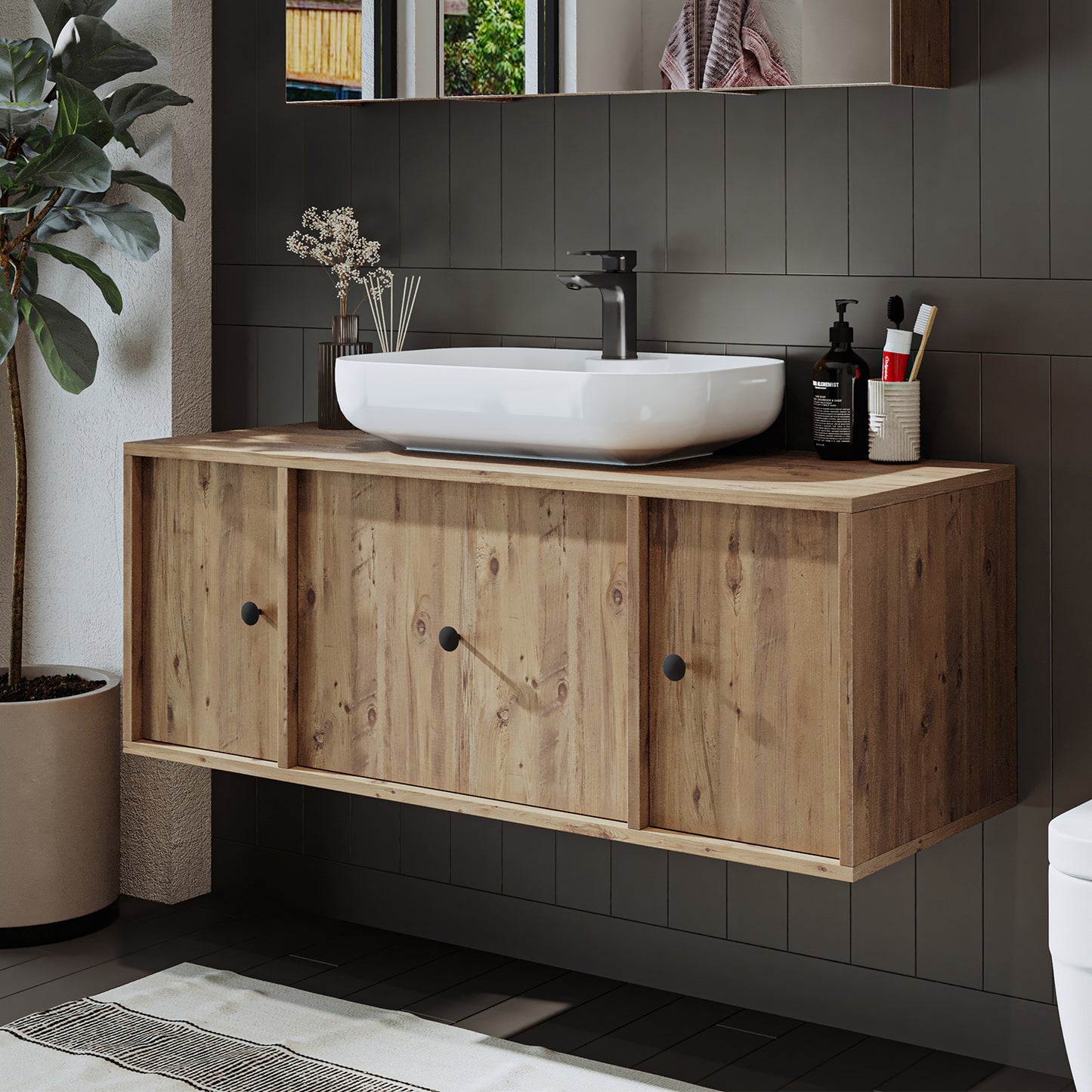 Roomart Badezimmermöbel GUSTO 120 cm – Keramik Waschbecken &/oder Unterschrank – Modernes Design – Varianten wählbar – Eiche oder Weiß