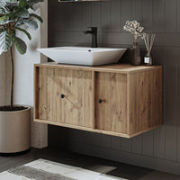 Roomart Badezimmermöbel GUSTO-ATL 90 cm – Keramik Waschbecken &/oder Unterschrank – Modernes Design – Varianten wählbar – Eiche oder Weiß - badezimmerschrank, waschbecken, badezimmermöbel, badschrank, badezimmer, mit, unterschrank, badmöbel, set, waschtis