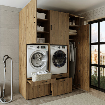 Roomart Waschmaschinenschrank Doppelschrank – SERIE 2 – Überbauschrank für Waschküche & Hauswirtschaftsraum – mit Ausziehbrett & Schubladen – in 3 Farben