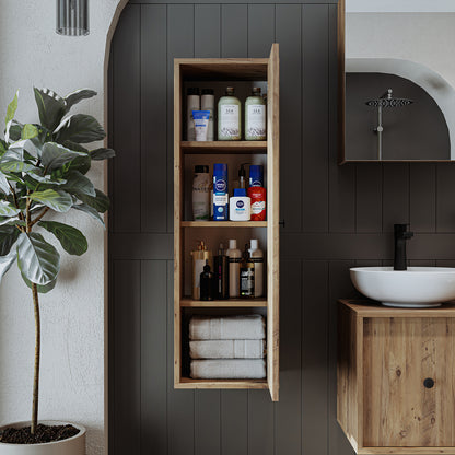 Roomart Hochschrank „Gusto“ – moderner 110 cm Bad-Hängeschrank mit Softclose – Weiß, Eiche
