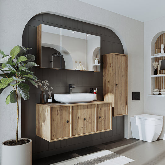 Roomart Badezimmermöbel Set GUSTO 105 cm – 4-teiliges Badmöbel-Set mit Keramik-Waschbecken, Spiegelschrank & Hochschrank – Moderne Badmöbel