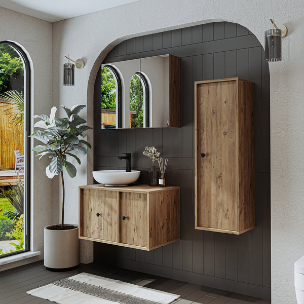 Roomart Badezimmermöbel Set GUSTO 75 cm – 4-teiliges Badmöbel-Set mit Keramik-Waschbecken, Spiegelschrank & Hochschrank – Modern & Platzsparend