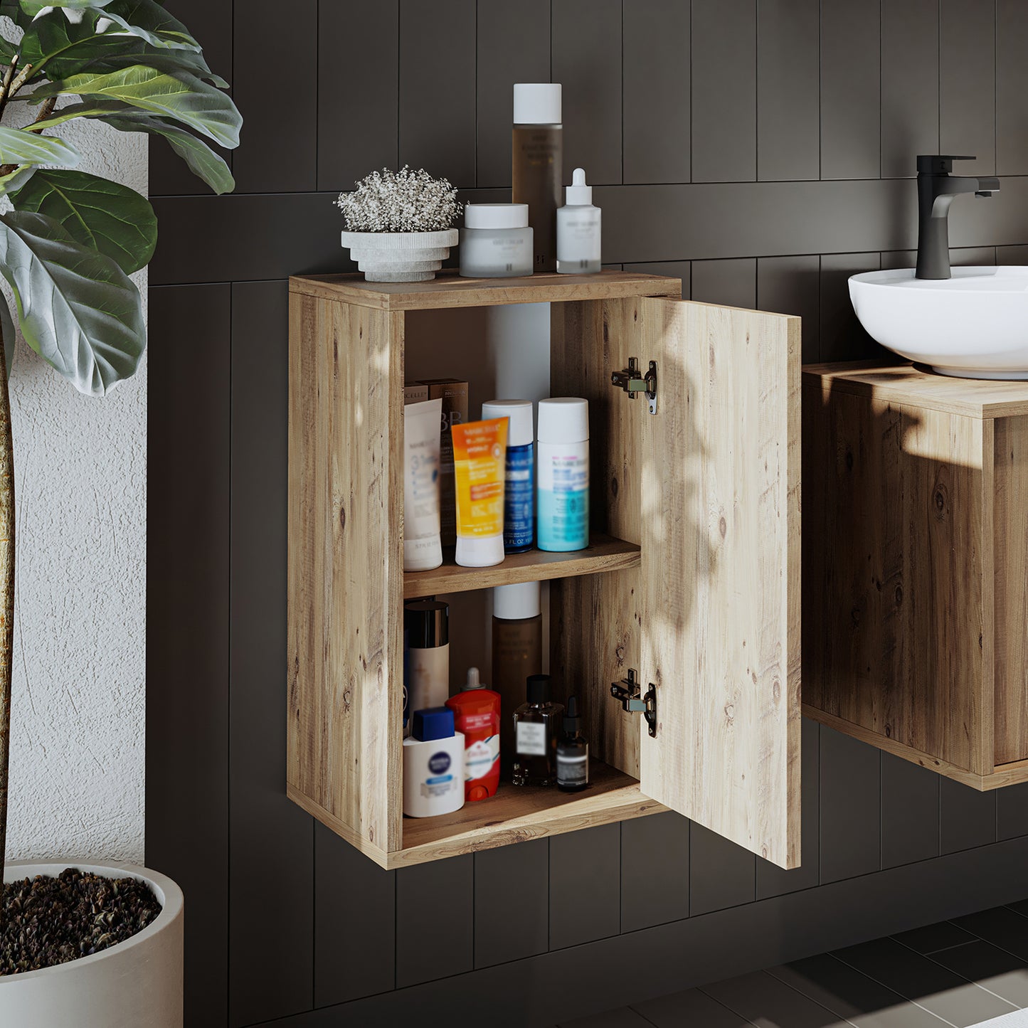 Roomart Badezimmermöbel Set GUSTO-ATL 90 cm – 4-teiliges Badmöbel-Set mit Keramik-Waschbecken, Spiegelschrank & Hochschrank – Moderne Badmöbel für Badezimmer & Gäste-WC