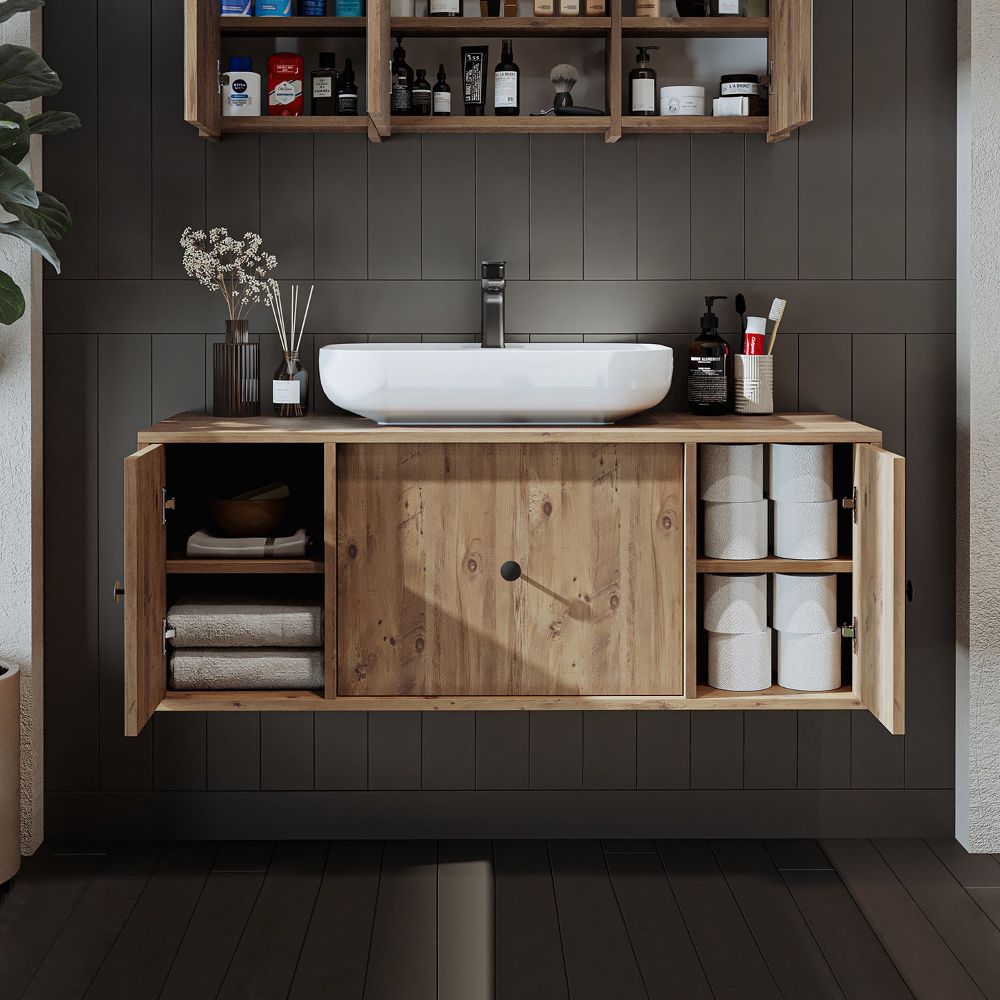 Roomart Badezimmermöbel GUSTO 120 cm – Keramik Waschbecken &/oder Unterschrank – Modernes Design – Varianten wählbar – Eiche oder Weiß