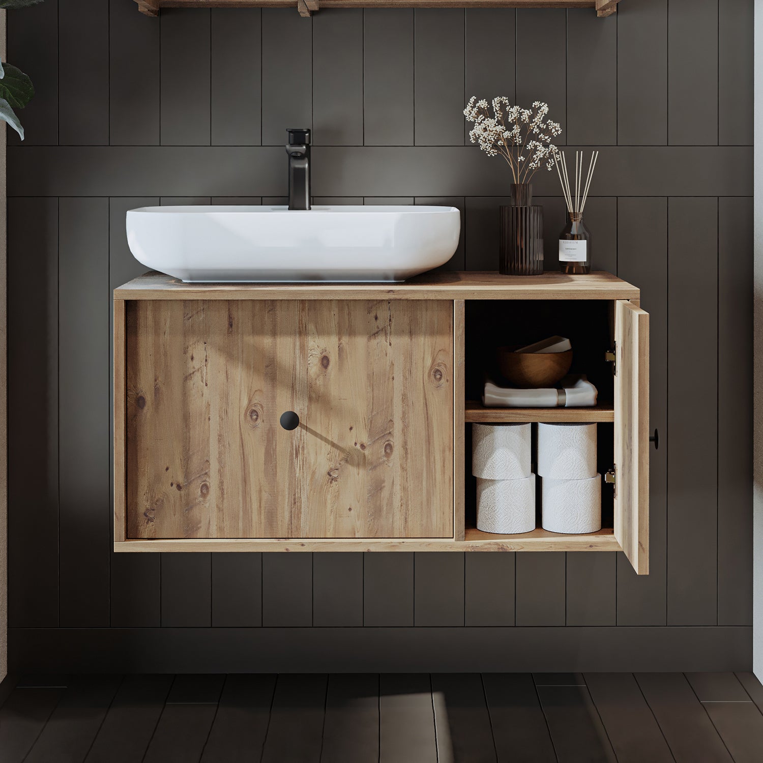 Roomart Badezimmermöbel GUSTO 90 cm – Keramik Waschbecken &/oder Unterschrank – Modernes Design – Varianten wählbar – Eiche oder Weiß - badezimmerschrank, waschbecken, badezimmermöbel, badschrank, badezimmer, mit, unterschrank, badmöbel, set, waschtisch, 