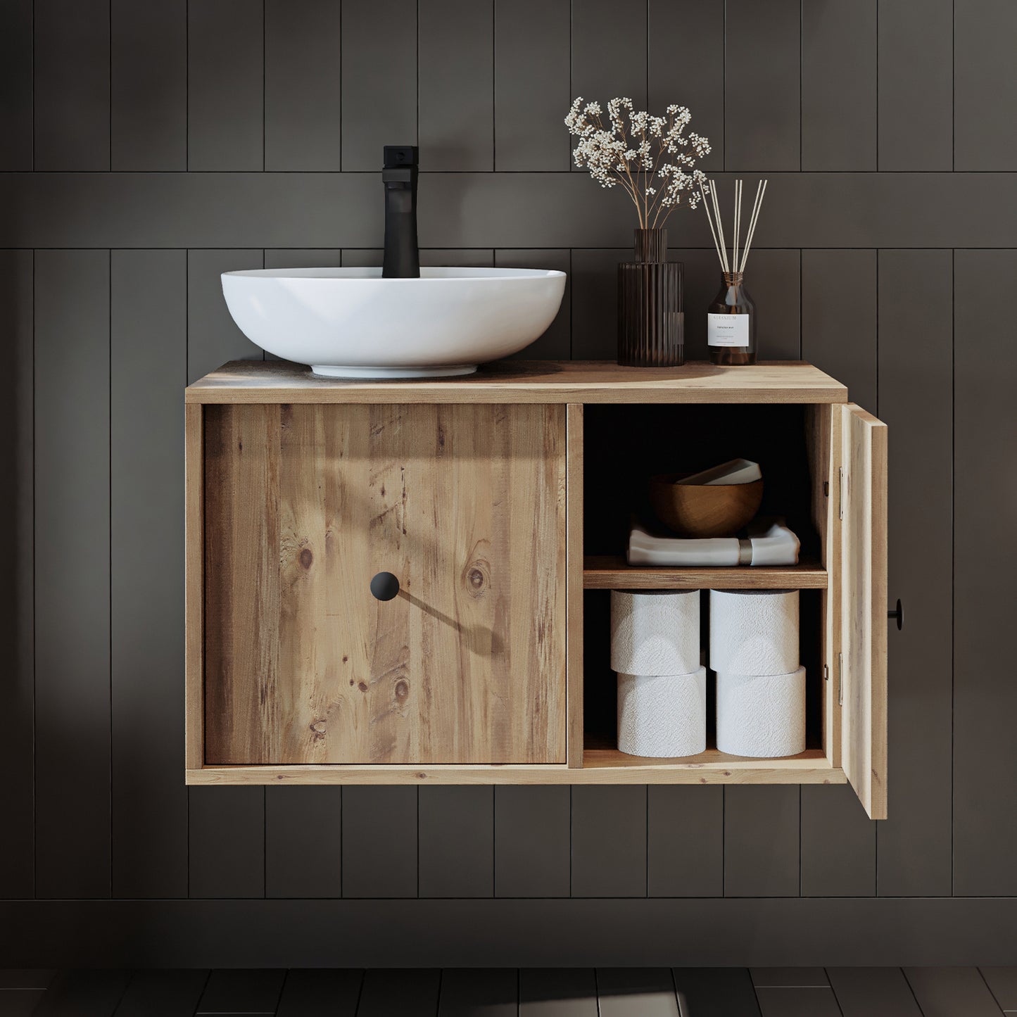 Roomart Badezimmermöbel GUSTO 75 cm – Keramik Waschbecken &/oder Unterschrank – Modernes Design – Varianten wählbar – Eiche oder Weiß