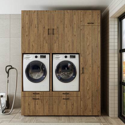 Roomart Waschmaschinenschrank Doppelschrank – SERIE 2 – Überbauschrank für Waschküche & Hauswirtschaftsraum – mit Ausziehbrett & Schubladen – in 3 Farben