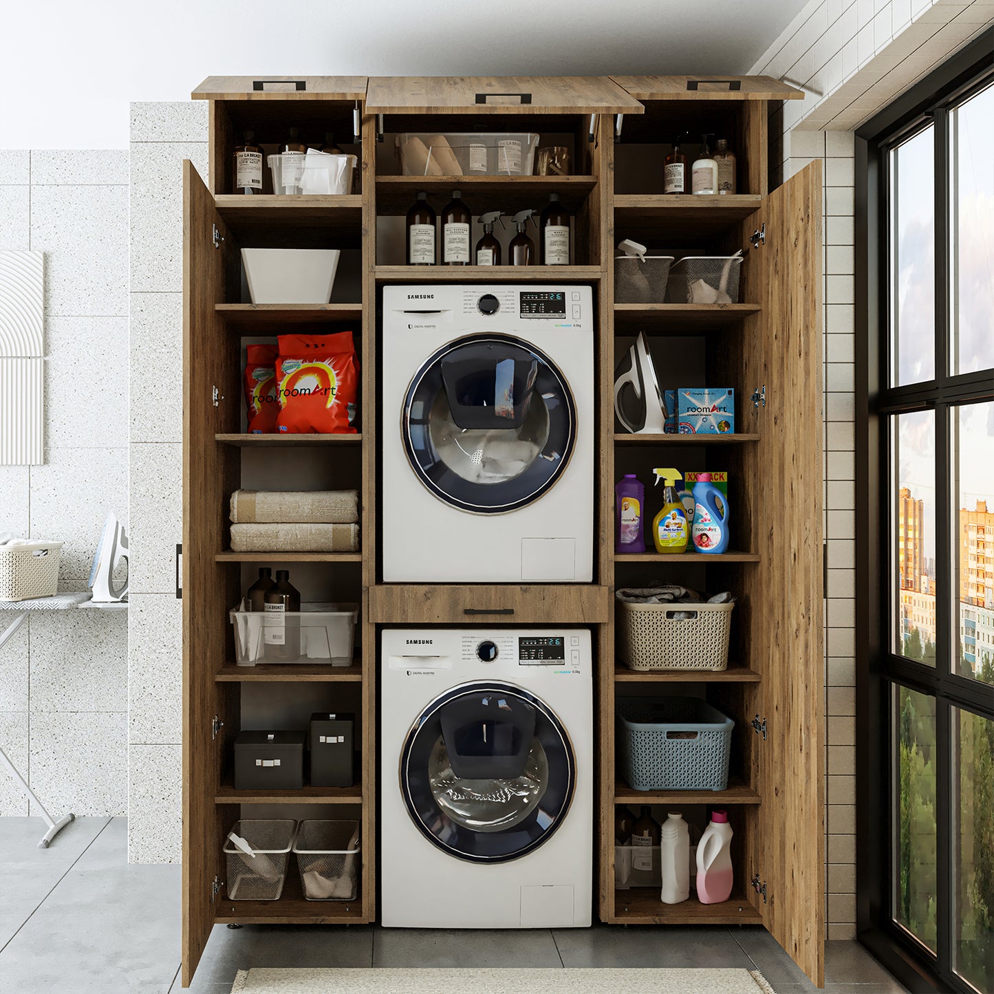 Roomart Waschmaschinenschrank DUO I – 2 Geräte übereinander & Hochschrank, 157 cm