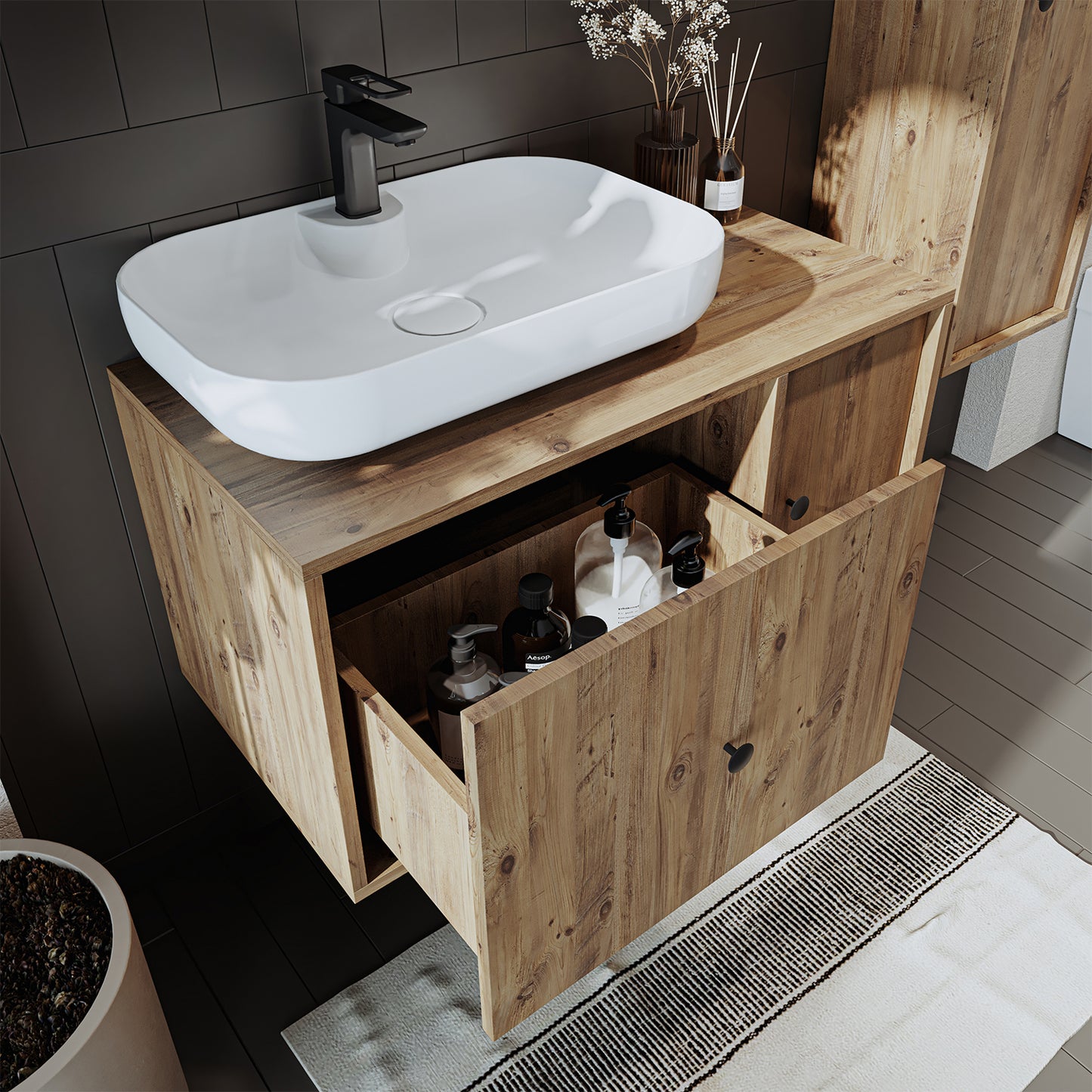 Roomart Badezimmermöbel GUSTO 90 cm – Keramik Waschbecken &/oder Unterschrank – Modernes Design – Varianten wählbar – Eiche oder Weiß