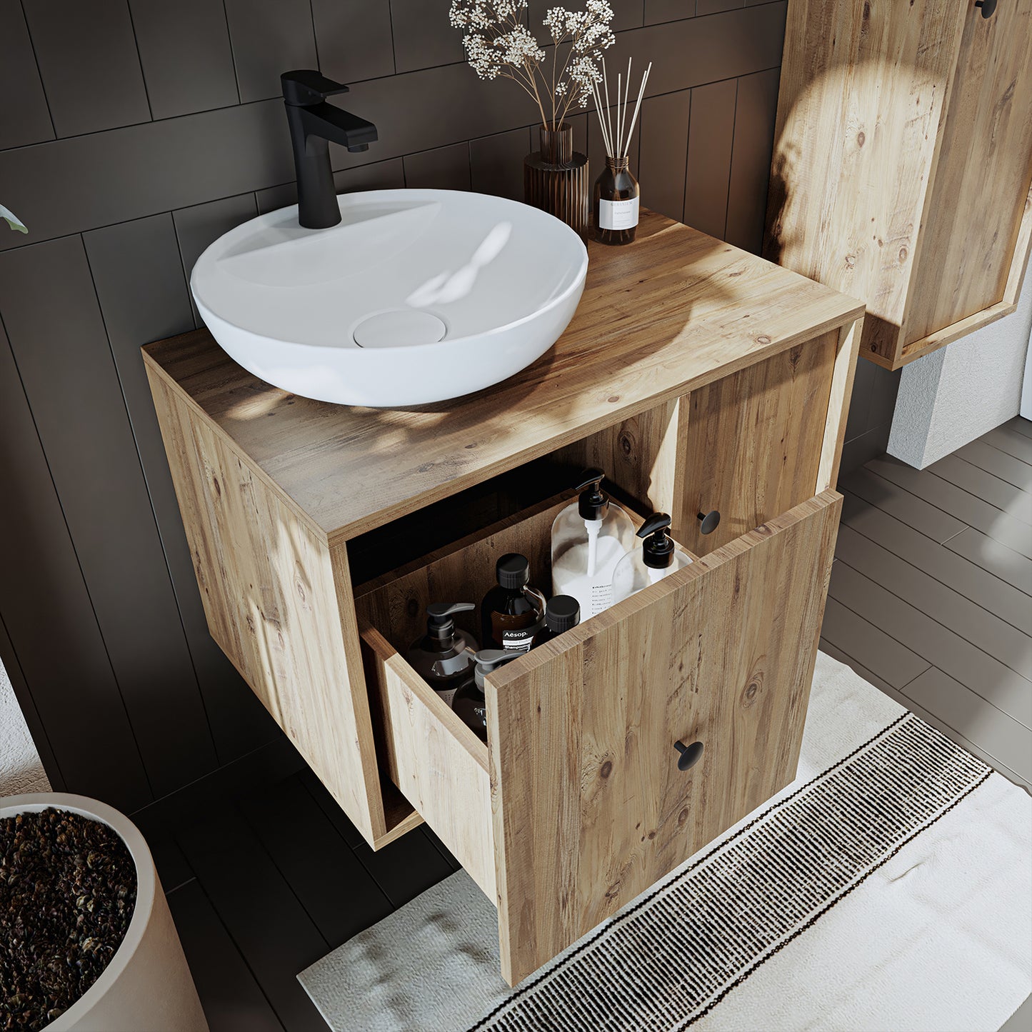 Roomart Badezimmermöbel GUSTO 75 cm – Keramik Waschbecken &/oder Unterschrank – Modernes Design – Varianten wählbar – Eiche oder Weiß
