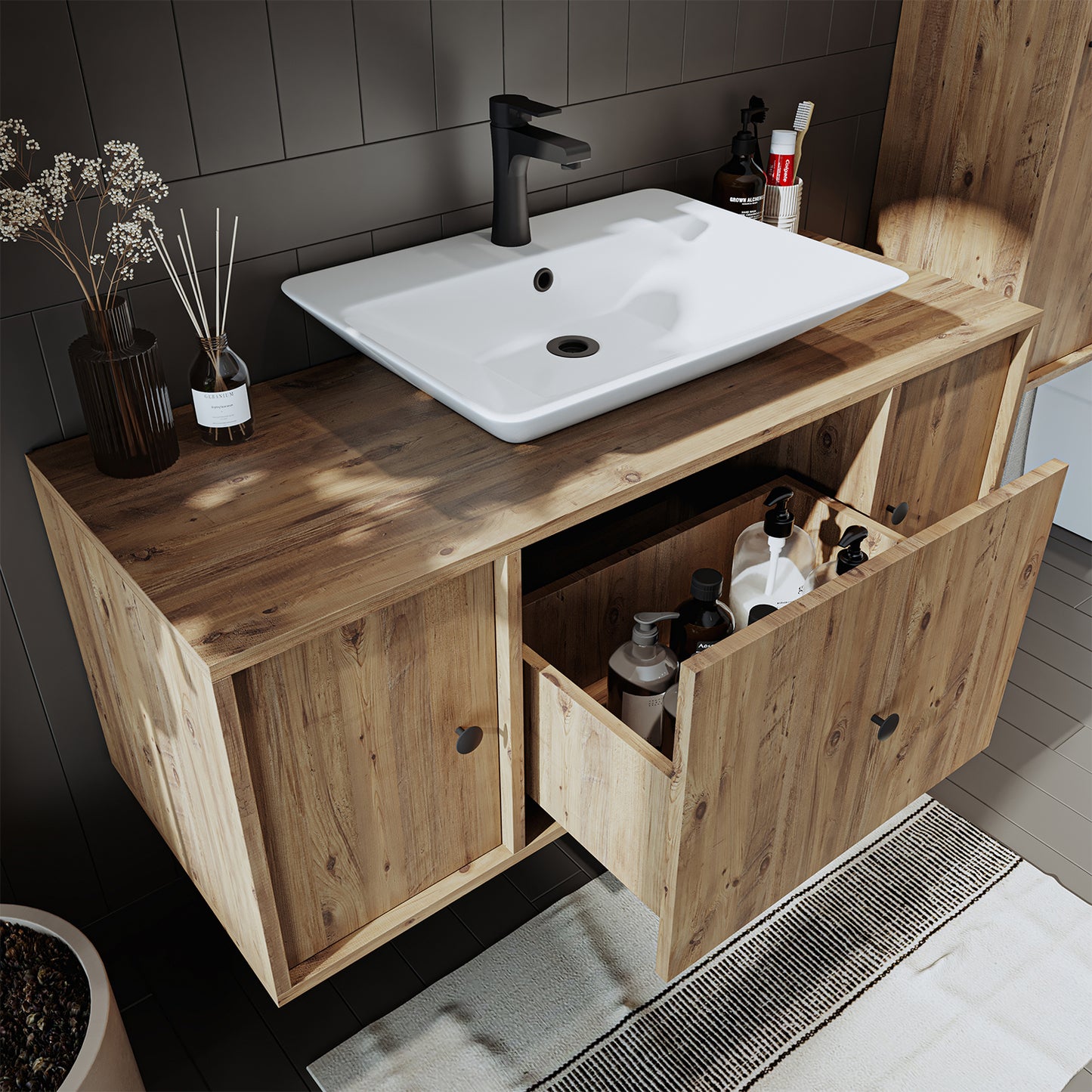 Roomart Badmöbel GUSTO-ATL 120 cm – Keramik Waschbecken &/oder Unterschrank – Modernes Design – Varianten wählbar – Eiche oder Weiß