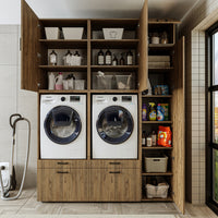 Roomart Waschmaschinenschrank Doppelschrank – SERIE 2 – Überbauschrank für Waschküche & Hauswirtschaftsraum – mit Ausziehbrett & Schubladen – in 3 Farben