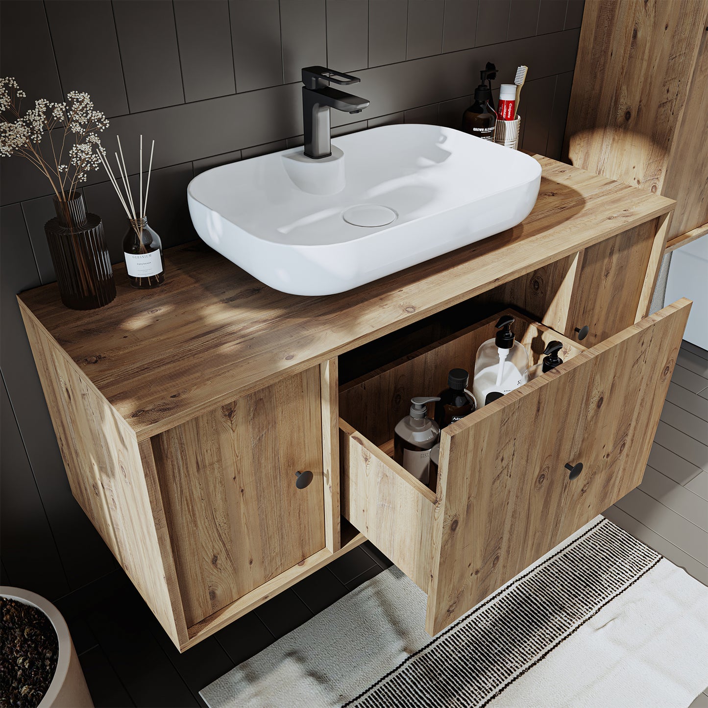 Roomart Badezimmermöbel GUSTO 120 cm – Keramik Waschbecken &/oder Unterschrank – Modernes Design – Varianten wählbar – Eiche oder Weiß