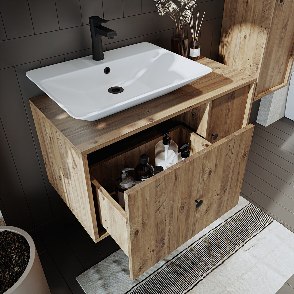 Roomart Badezimmermöbel GUSTO-ATL 90 cm – Keramik Waschbecken &/oder Unterschrank – Modernes Design – Varianten wählbar – Eiche oder Weiß - badezimmerschrank, waschbecken, badezimmermöbel, badschrank, badezimmer, mit, unterschrank, badmöbel, set, waschtis