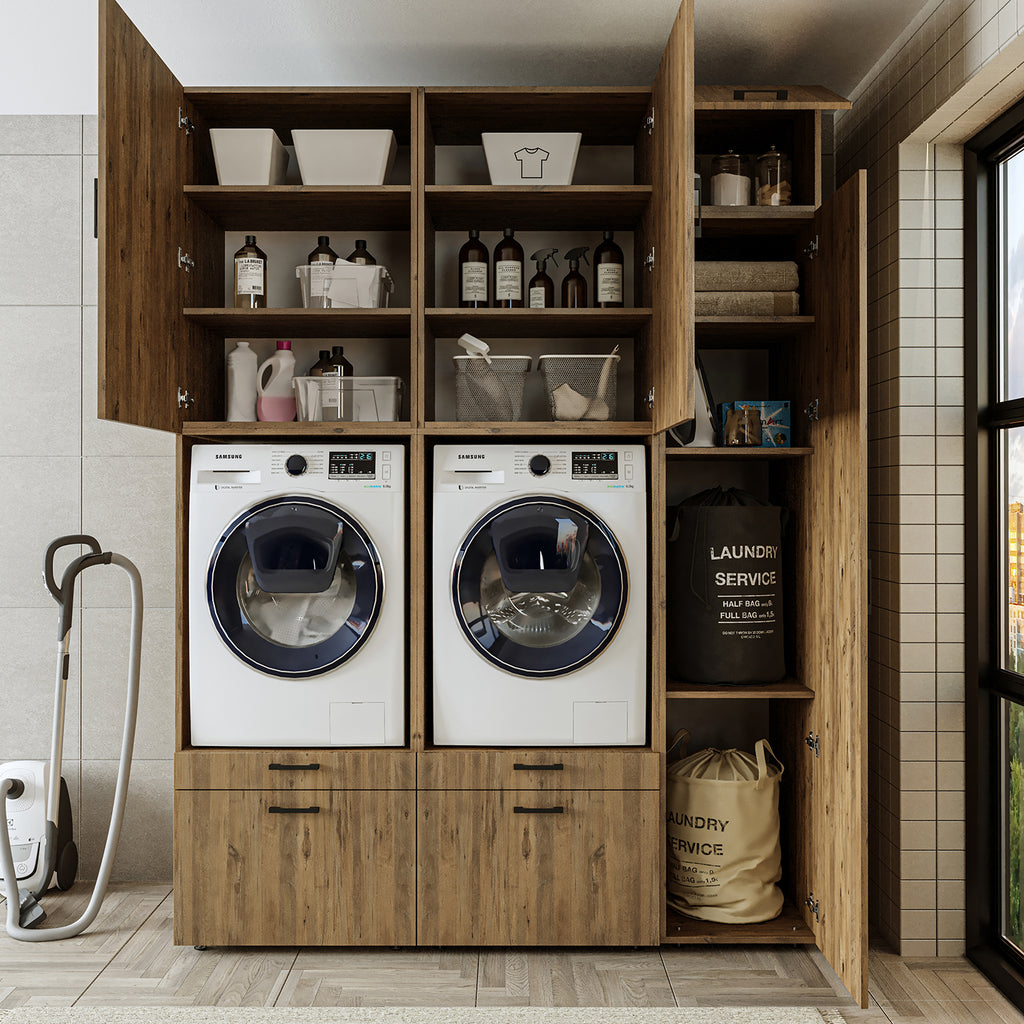 Roomart Waschmaschinenschrank Doppelschrank – SERIE 2 – Überbauschrank für Waschküche & Hauswirtschaftsraum – mit Ausziehbrett & Schubladen – in 3 Farben