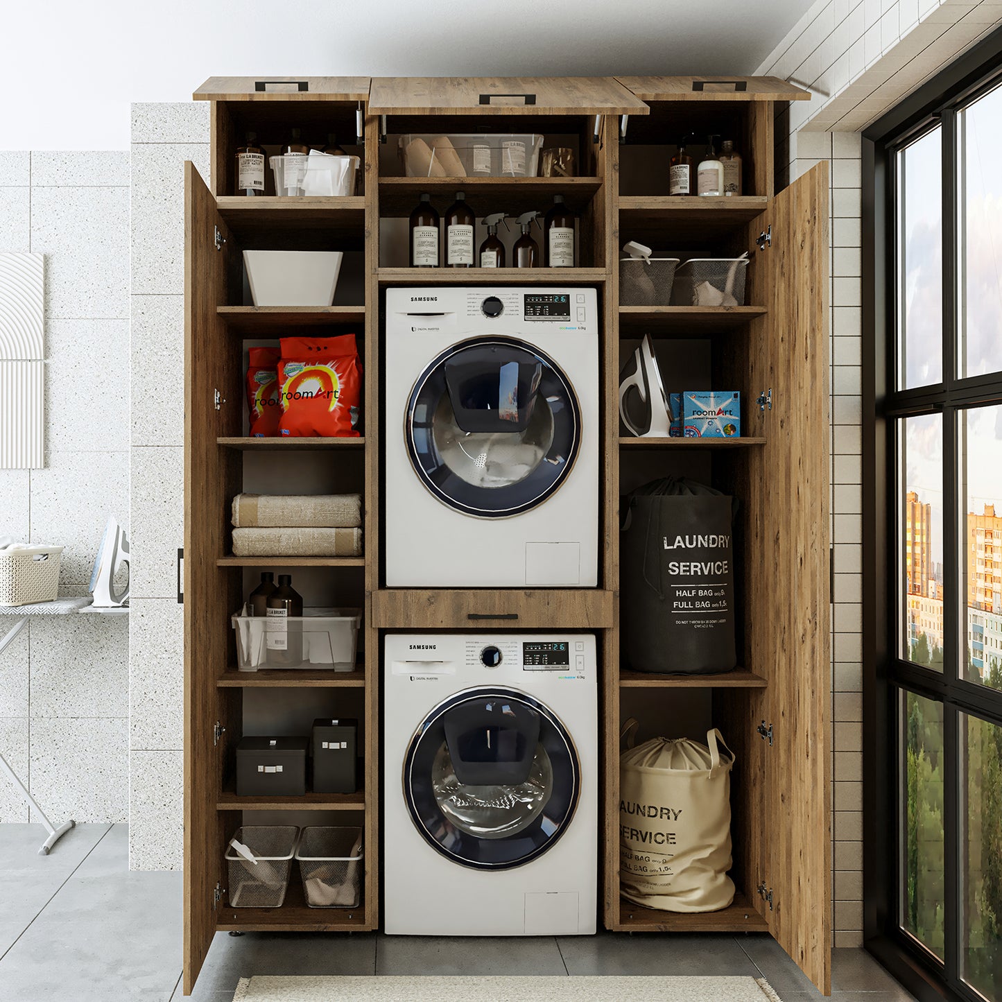 Roomart Waschmaschinenschrank DUO I – 2 Geräte übereinander & Hochschrank, 157 cm