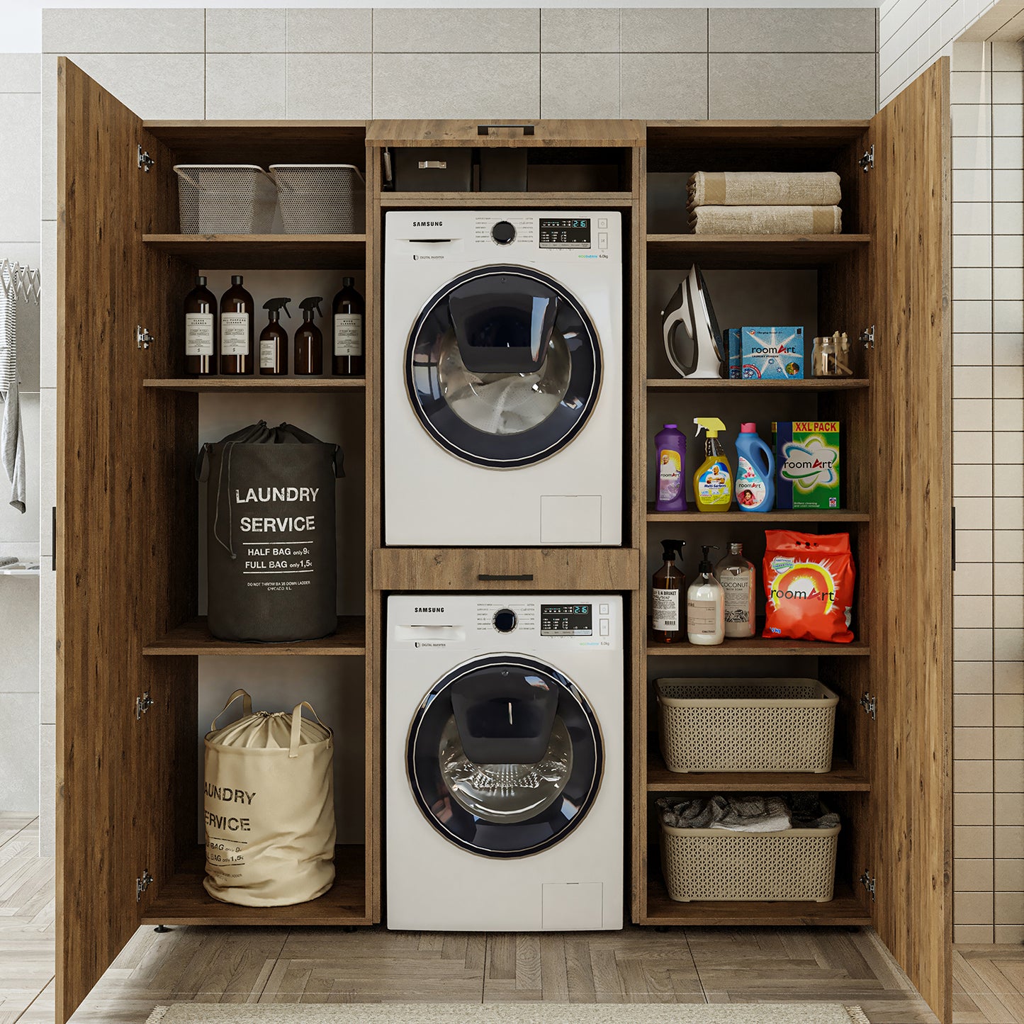 Roomart DUO I Schrankwand 187 cm – Waschmaschine & Trockner, Soft-Close | 3 Farben