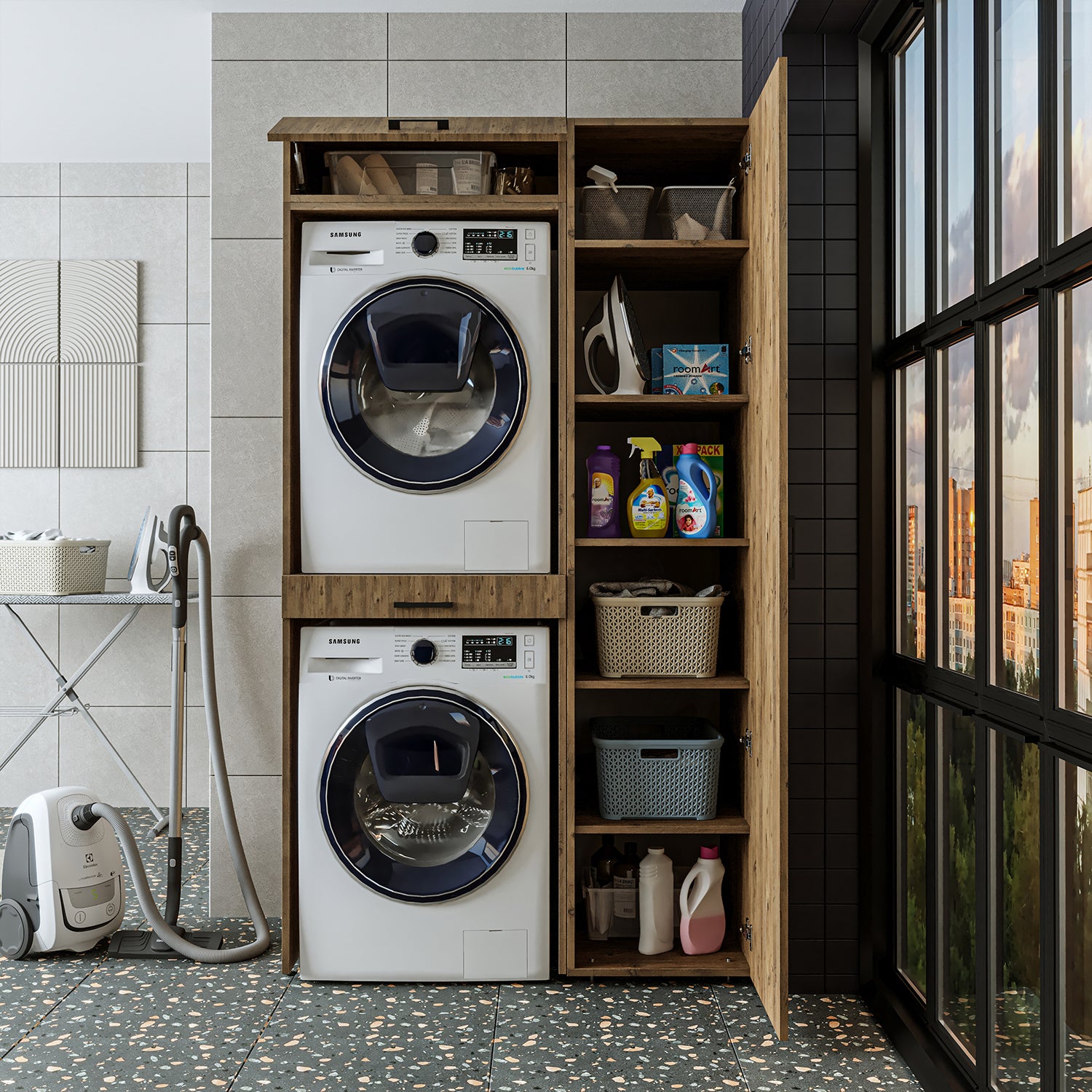 Roomart Waschmaschinenschrank, Trockner auf Waschmaschine • 112 cm breit • In 3 Farben - waschmaschinenschrank, waschmaschinenregal, waschturm, schrank, weiß, waschmaschinen, unterschrank, waschmaschine, trockner, haushaltsschrank, schränke, badschrank, h