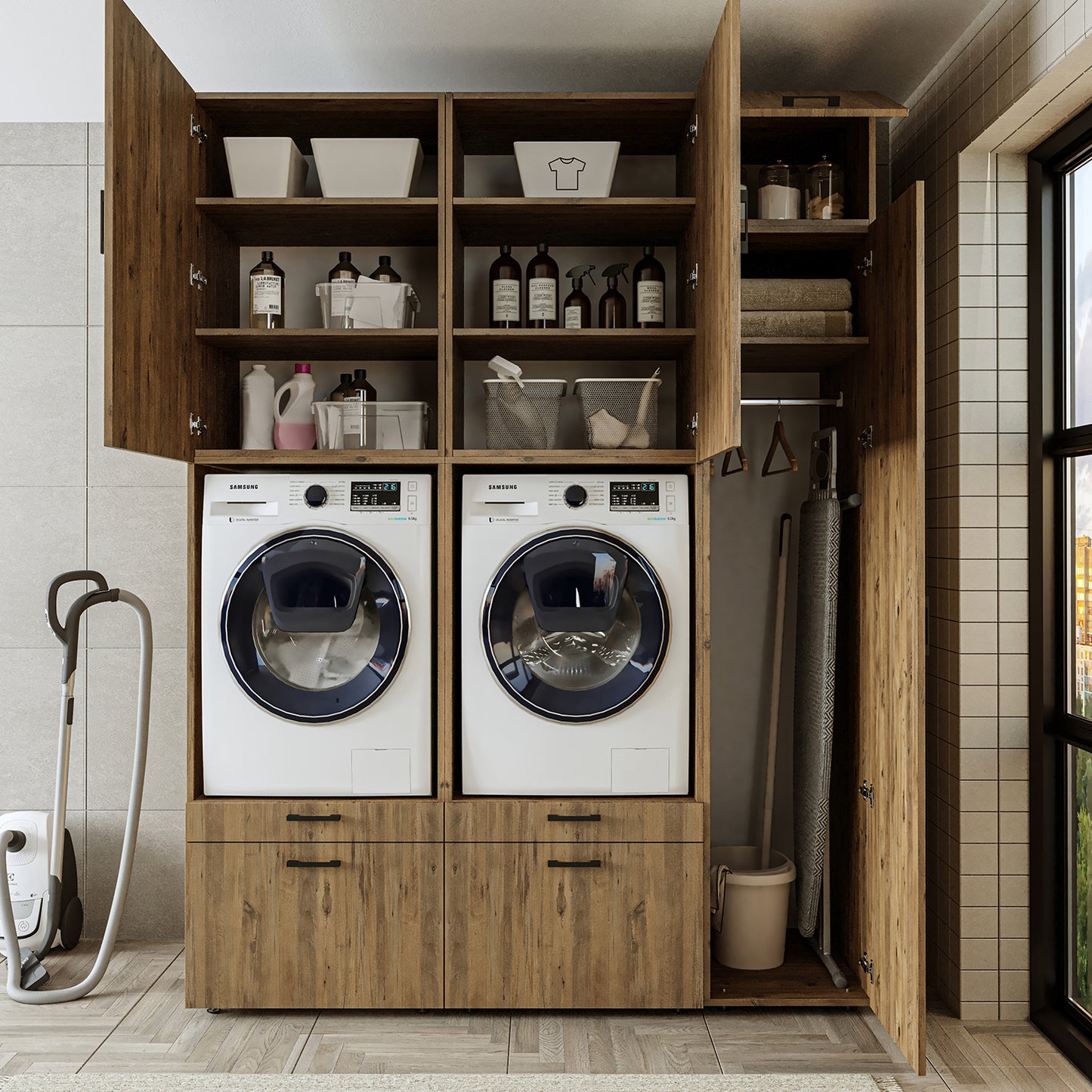 Roomart Waschmaschinenschrank Doppelschrank – SERIE 2 – Überbauschrank für Waschküche & Hauswirtschaftsraum – mit Ausziehbrett & Schubladen – in 3 Farben