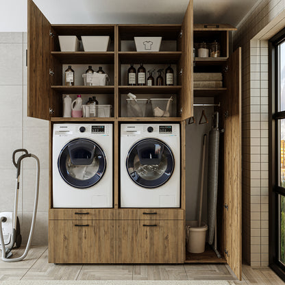 Roomart Waschmaschinenschrank Doppelschrank – SERIE 2 – Überbauschrank für Waschküche & Hauswirtschaftsraum – mit Ausziehbrett & Schubladen – in 3 Farben