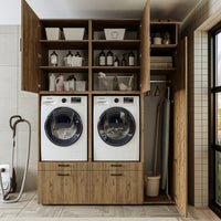 Roomart Waschmaschinenschrank Doppelschrank – SERIE 2 – Überbauschrank für Waschküche & Hauswirtschaftsraum – mit Ausziehbrett & Schubladen – in 3 Farben