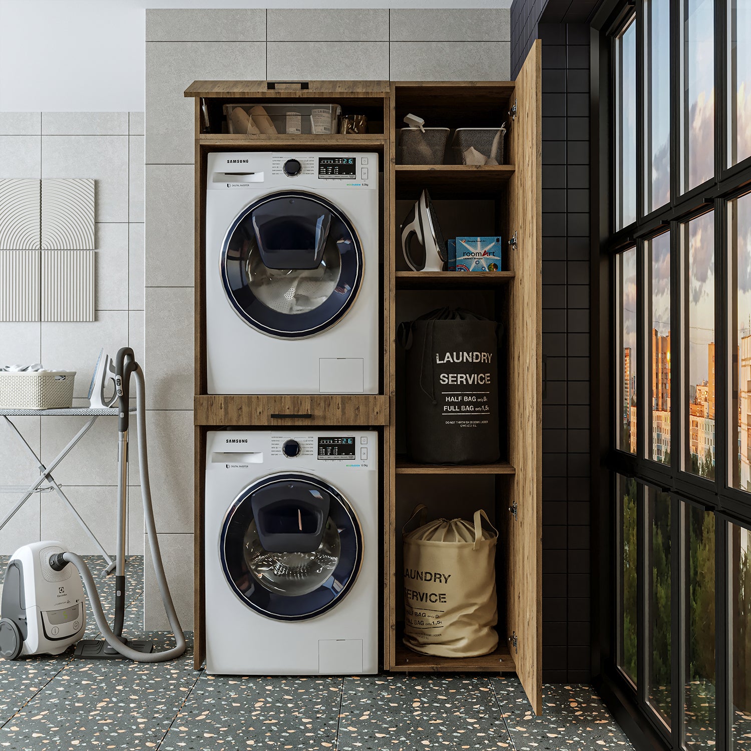 Roomart Waschmaschinenschrank, Trockner auf Waschmaschine • 112 cm breit • In 3 Farben - waschmaschinenschrank, waschmaschinenregal, waschturm, schrank, weiß, waschmaschinen, unterschrank, waschmaschine, trockner, haushaltsschrank, schränke, badschrank, h