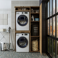 Roomart Waschmaschinenschrank, Trockner auf Waschmaschine • 112 cm breit • In 3 Farben - waschmaschinenschrank, waschmaschinenregal, waschturm, schrank, weiß, waschmaschinen, unterschrank, waschmaschine, trockner, haushaltsschrank, schränke, badschrank, h