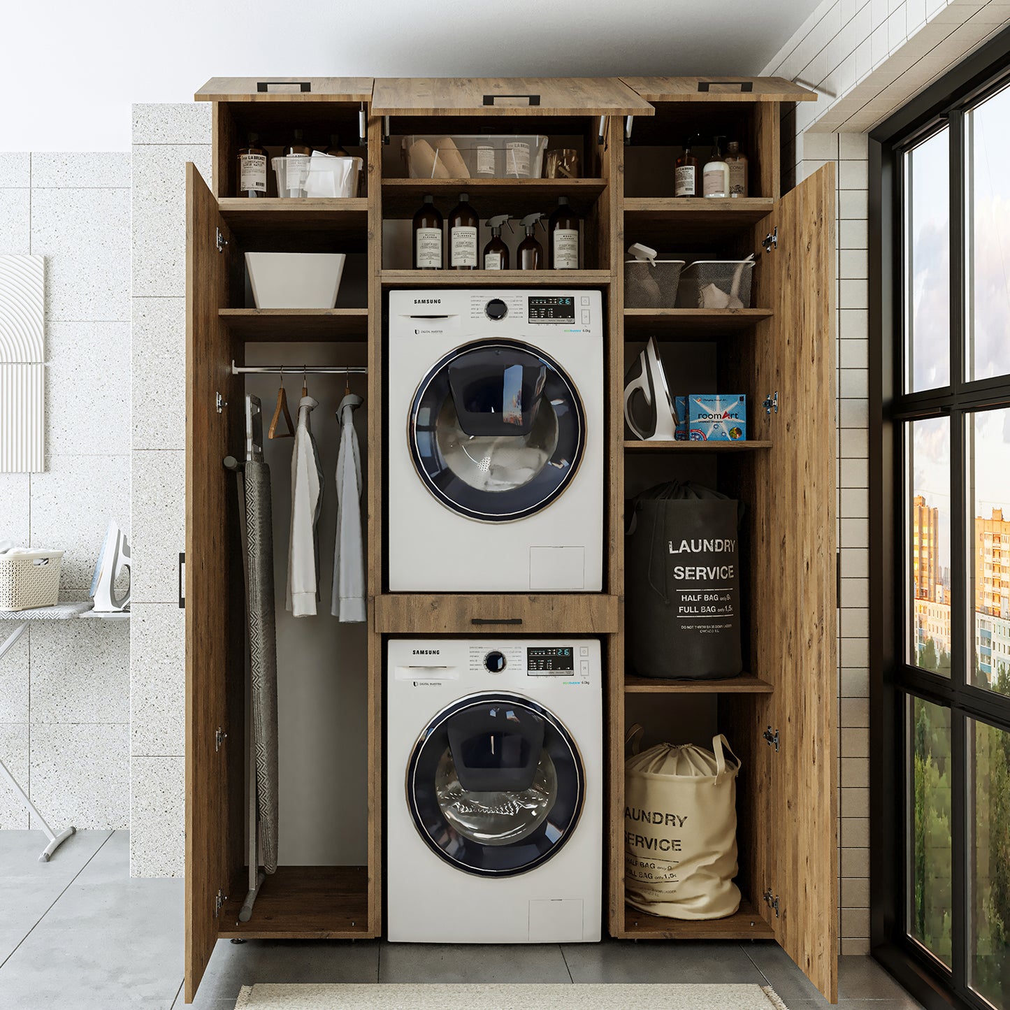Roomart Waschmaschinenschrank DUO I – 2 Geräte übereinander & Hochschrank, 157 cm