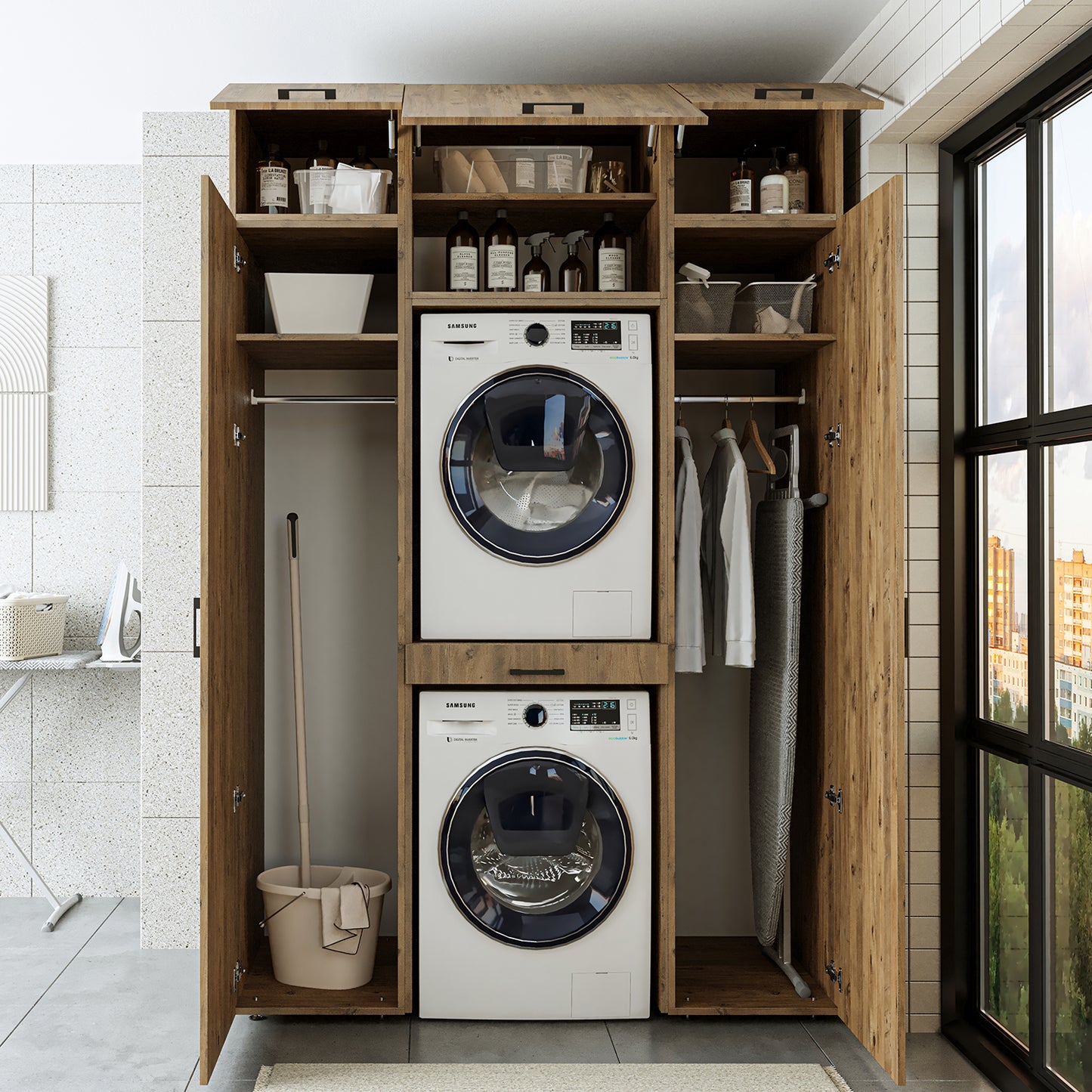 Roomart Waschmaschinenschrank DUO I – 2 Geräte übereinander & Hochschrank, 157 cm