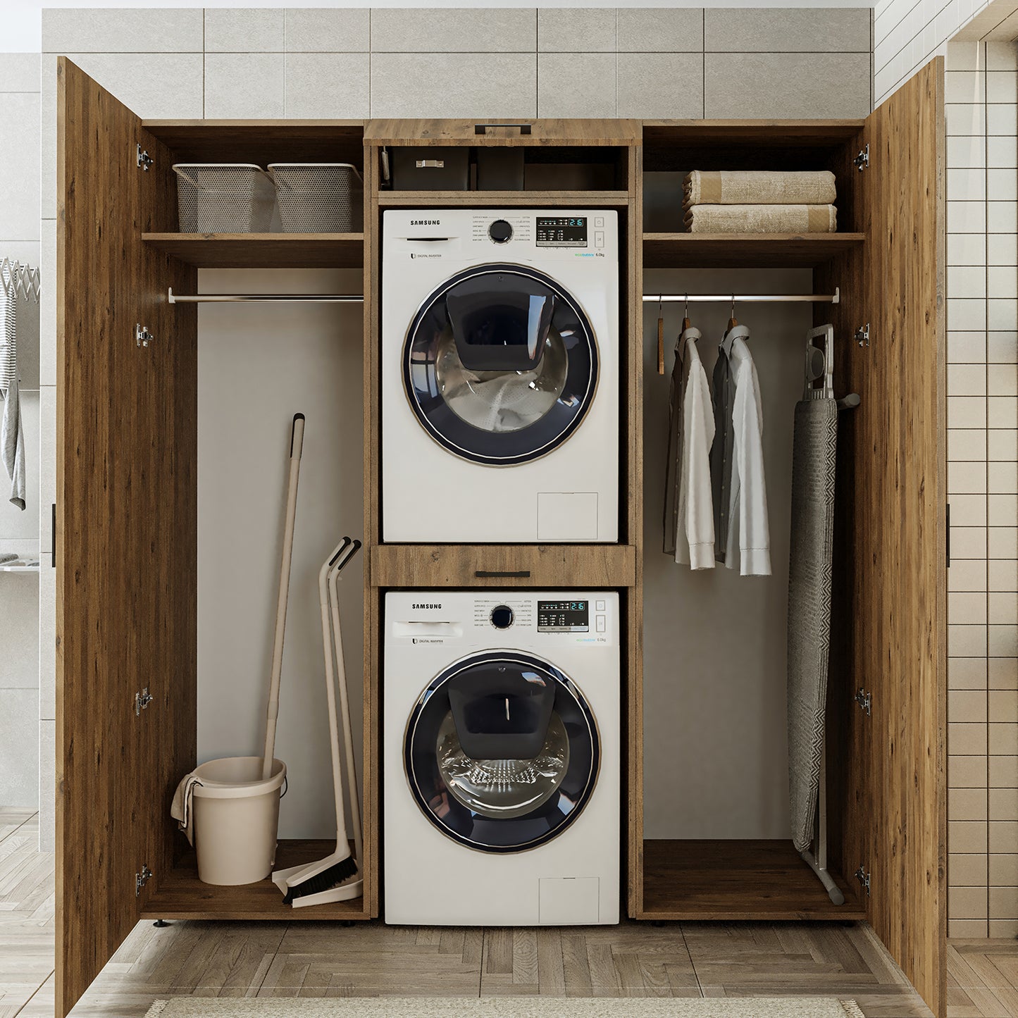 Roomart DUO I Schrankwand 187 cm – Waschmaschine & Trockner, Soft-Close | 3 Farben