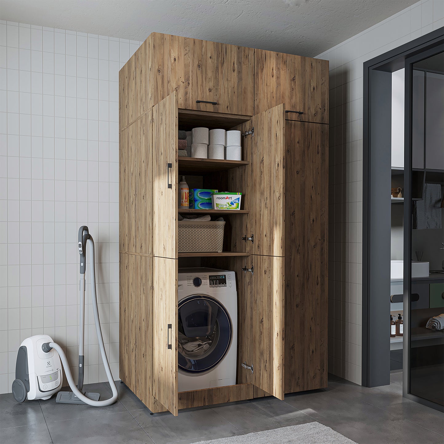 Roomart Waschmaschinenschrank „DORA 130 cm Breit“ für Waschmaschine & Trockner mit Regalböden, in 5 Farben • Weiß • Weiß Eiche • Anthrazit Eiche • Eiche • Schwarz Eiche (Kopie)