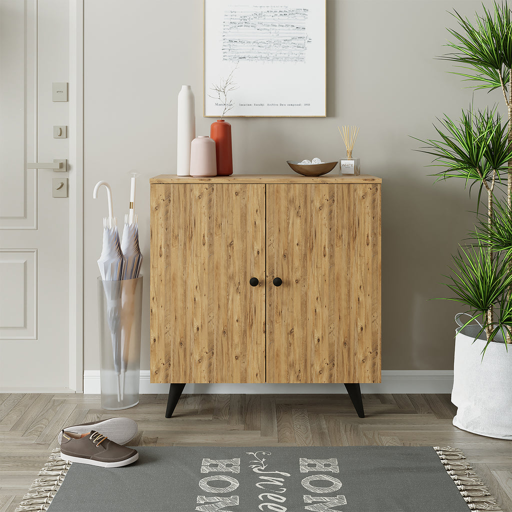 Roomart Mehrzweckschrank mit Türen und Regalen – Aufbewahrungsschrank & Schuhschrank für Flur, Wohnzimmer, Schlafzimmer oder Esszimmer – Eiche – 125x90x35 cm
