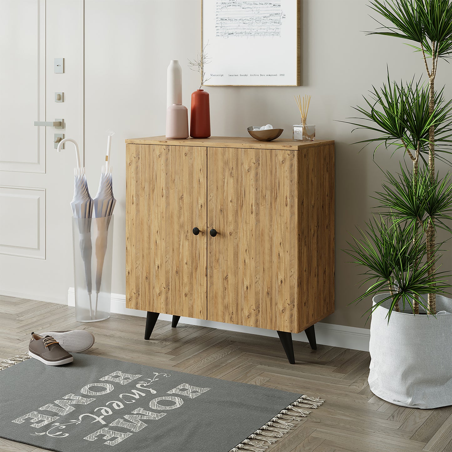 Roomart Mehrzweckschrank mit Türen und Regalen – Aufbewahrungsschrank & Schuhschrank für Flur, Wohnzimmer, Schlafzimmer oder Esszimmer – Eiche – 125x90x35 cm